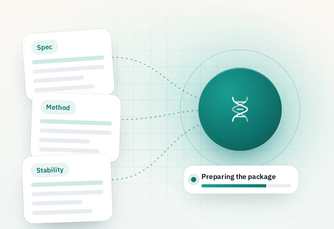 Illustration: three document cards feeding a Rauzr agent node, with a progress card underneath.