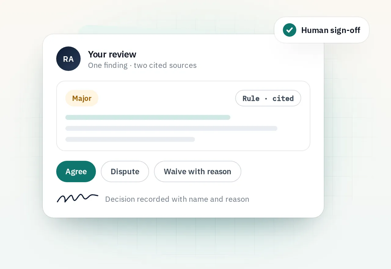 Illustration: a review card with Agree, Dispute, and Waive actions and a human sign-off badge.