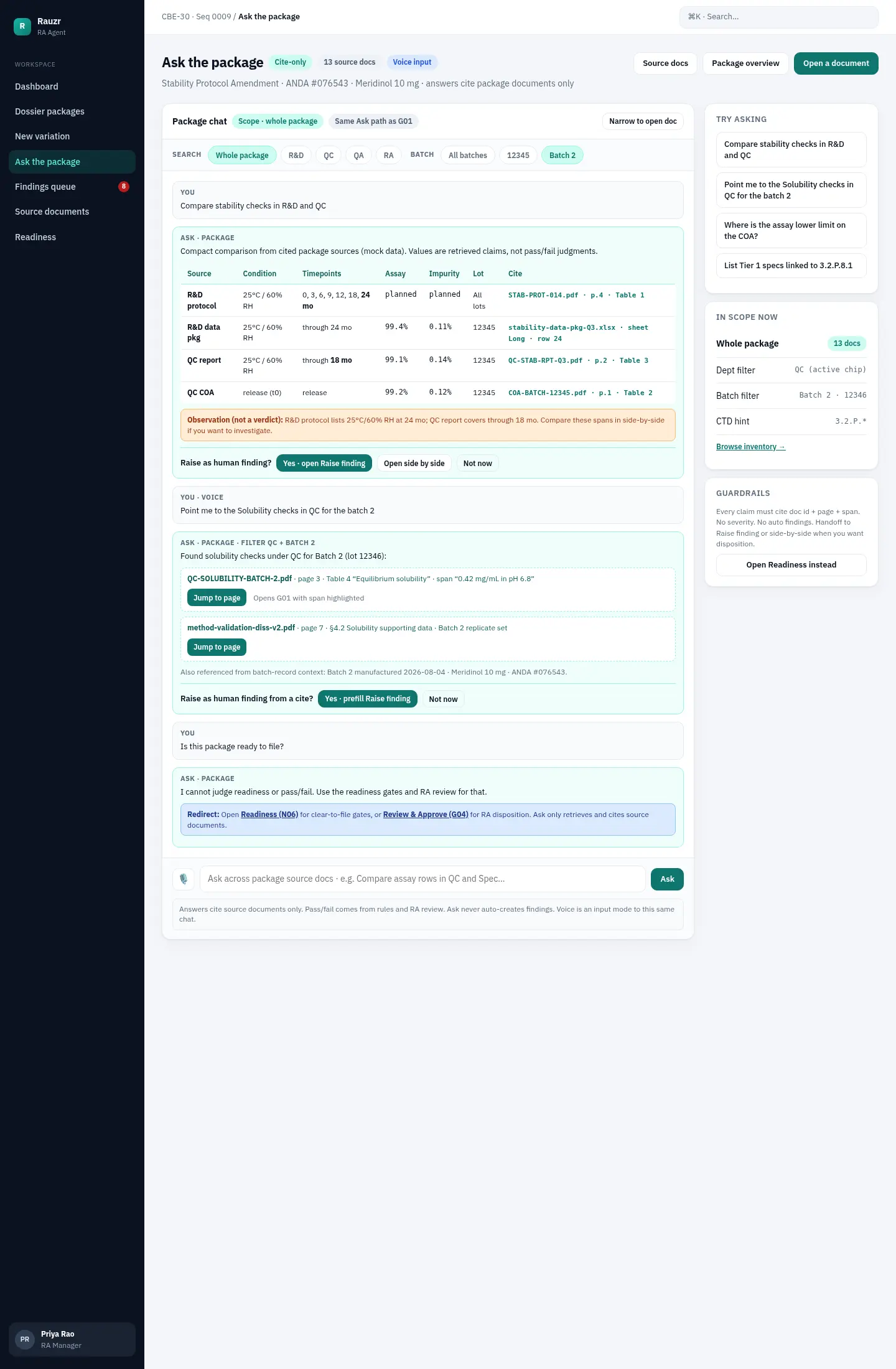 Dossiq Ask the package showing a cited stability comparison across R and D and QC, an observation marked not verified, and a refusal to judge whether the sample package is ready to file.