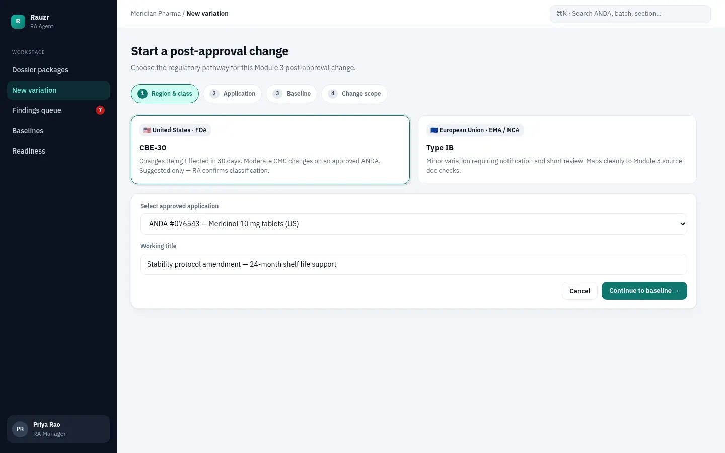 Dossiq screen for starting a variation. Fields cover pathway, anchor product and sequence, regions, and CTD scope, with actions to create the package or save a draft.